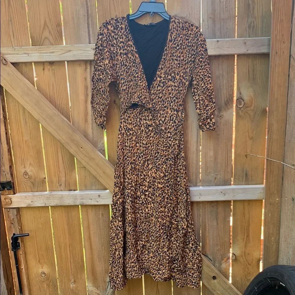 Zara Brown and Black Puff Sleeve Wrap Sundress